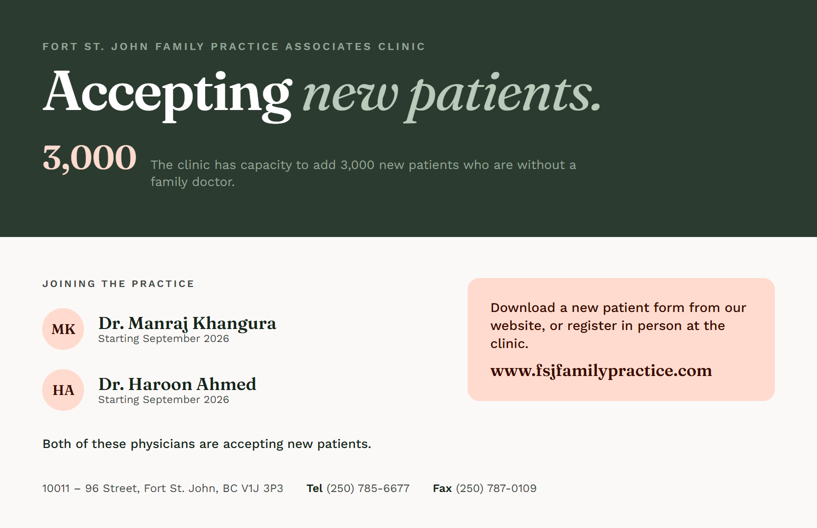 Clinic flier announcing that Fort St. John Family Practice Associates Clinic is accepting new patients.